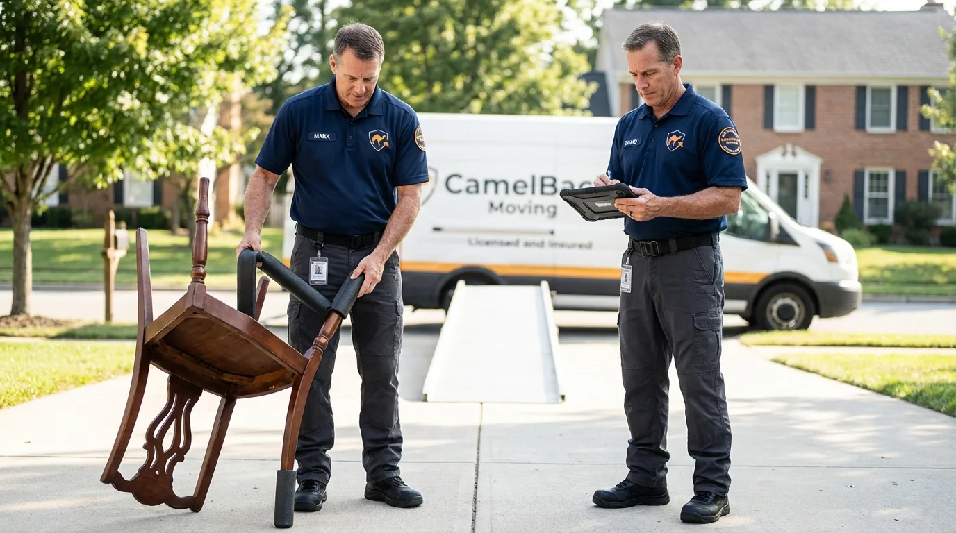 Movers inspecting furniture for damage prevention before loading in Clintondale, NY